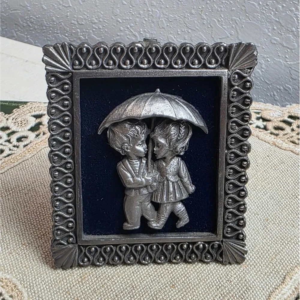 Vintage Small Pewter Relief Art Boy & Girl‎ Umbrella Ornate Silver Tone Frame